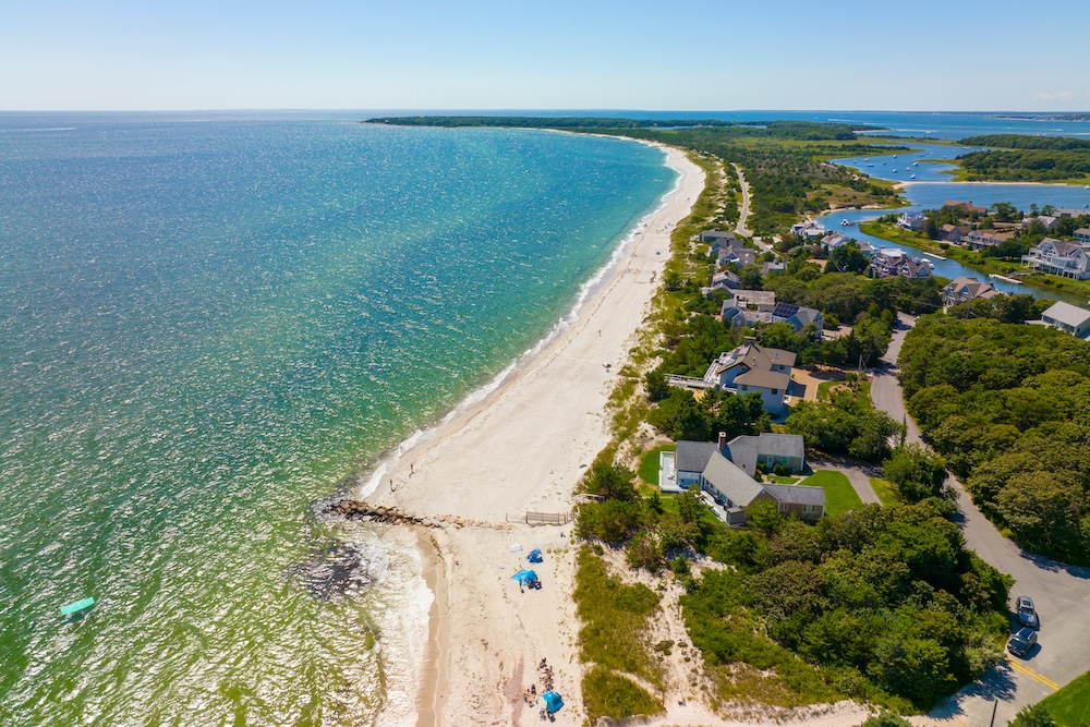 Seagull Beach aerial view in summer in West Yarmouth, Cape Cod, Massachusetts MA, USA.